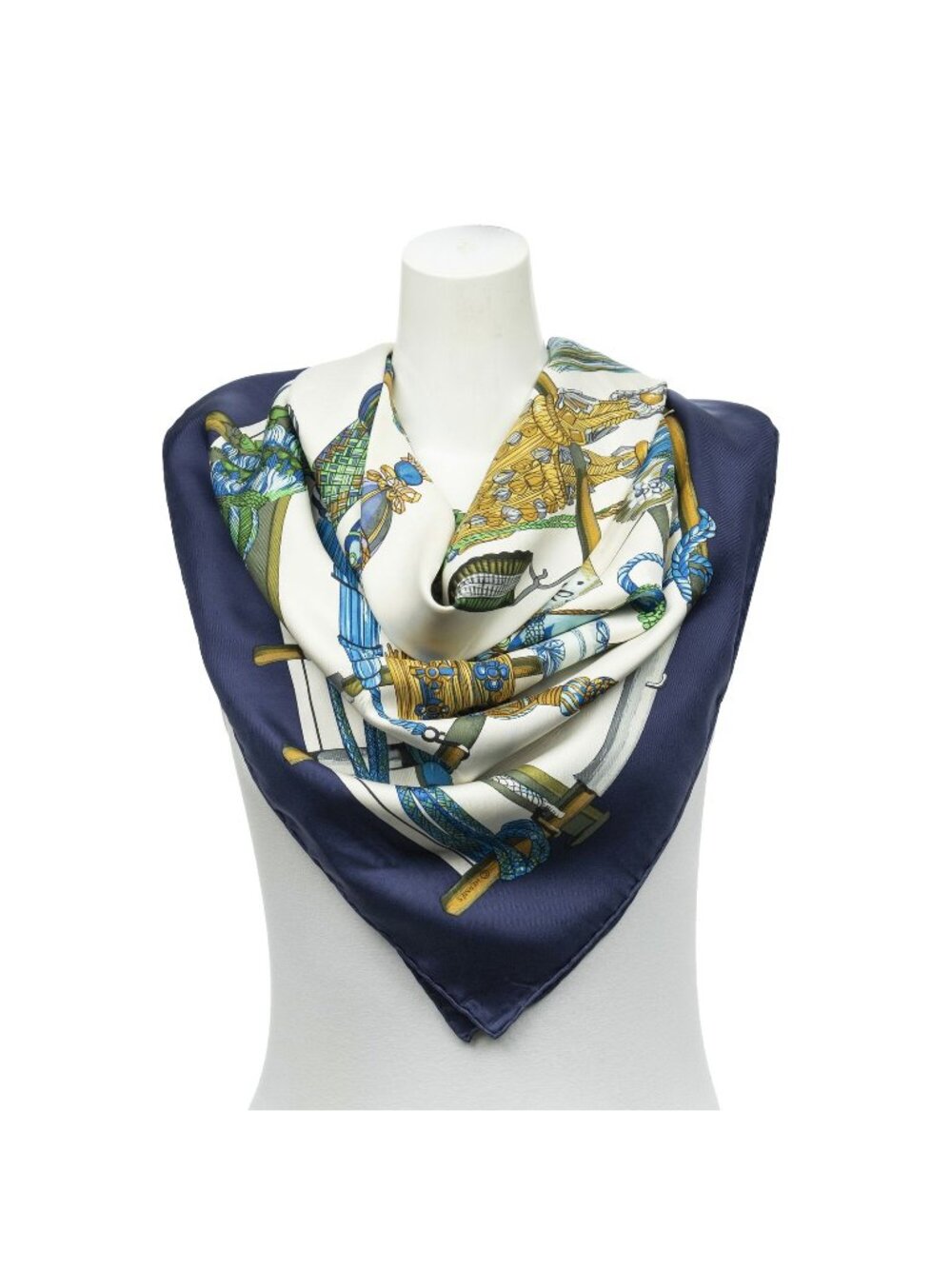 Hermes Scarf Navy Ivory Gold Silk